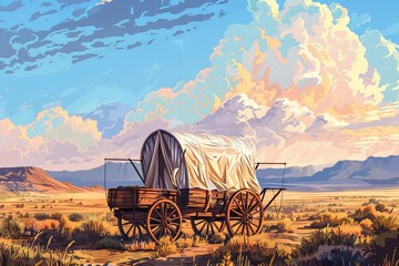 Naklejka premium American Pioneers Wagon with Tent, Old Wooden Emigrant Carriage, Wild West Cart Flat