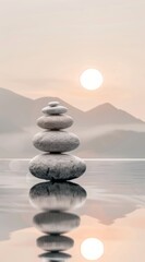  Photo of modern minimalist design, zen stones stacked on top of each other with a beautiful reflection in the water, zen mountains and sun behind, clean and simple designs with a