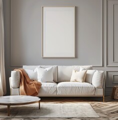Photorealistic, minimalist interior design of a living room with grey walls and a white sofa