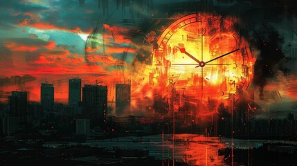 Vivid digital illustration depicting the doomsday clock set against an apocalyptic cityscape backdrop