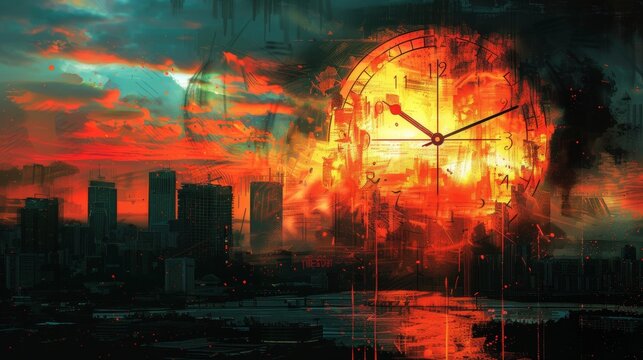 Vivid digital illustration depicting the doomsday clock set against an apocalyptic cityscape backdrop