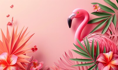 3D cartoon illustration of flamingo with summer vibes, copy space.