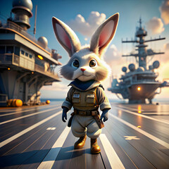 A Cute Fluffy Rabbit Pilot Strolling Through a Military Base