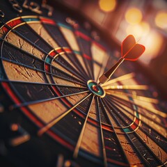 Fototapeta premium Dynamic close-up shot of a dart piercing the bullseye on a dartboard, with a blurred background emphasizing focus and pinpoint precision.