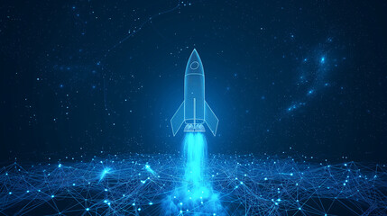 Obraz premium The concept of a business startup. The rocket takes off. Business project development plan, Digital technologies and leadership