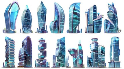 A futuristic city with unusual shapes and glass facades isolated on white. Towers and skycrapers in a futuristic style. Alien urban cityscape design, Cartoon modern illustration.