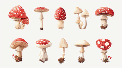 Mushroom set of manita muscaria, commonly known as the fly agaric or fly amanita