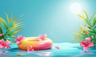 3D cartoon illustration of inflatable ring with summer vibes, copy space.