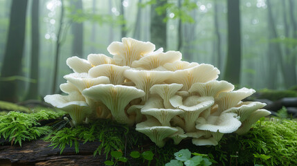 Oyster mushrooms in the green forest - obrazy, fototapety, plakaty