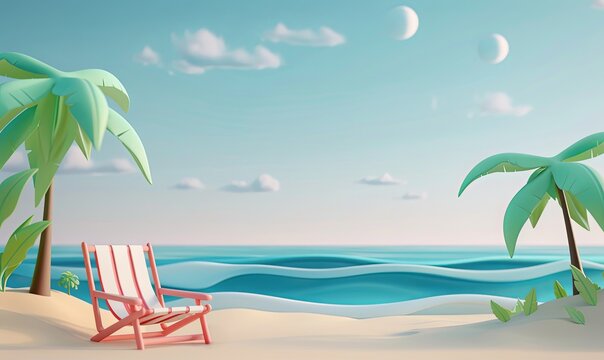 3D cartoon illustration of lounge beach with summer vibes, copy space.
