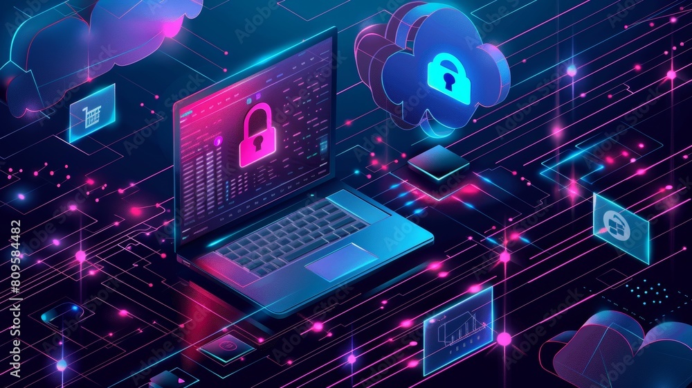 Poster an illustration of an isometric laptop along with icons of padlocks, clouds, and shields in the cont