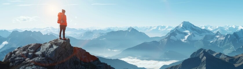 Naklejka premium Climber at the summit, looking out over the vast mountain range, reflecting on the journey and the beauty of nature