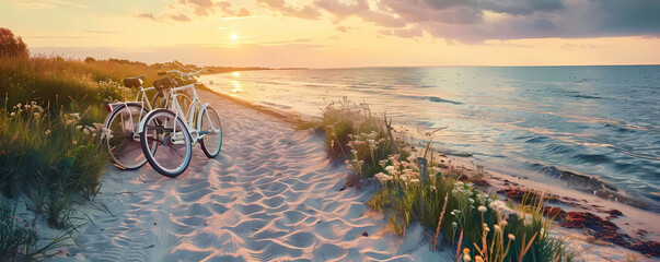 summer bicycle ride background on the beach with blue sky and water - Powered by Adobe