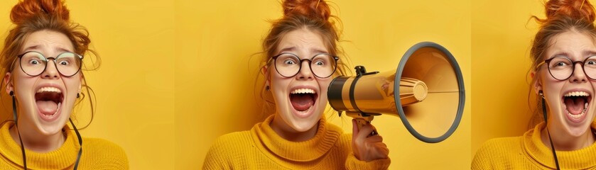 Fototapeta premium In this composite photo collage, a girl holds a bullhorn to promote the voting process and laughs in emotion on an isolated painted background and appears happy and excited