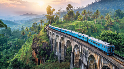 A blue train travels through the scenic mountains of Sri Lanka, crossing over the famous Nine Arch Bridge near Ella.