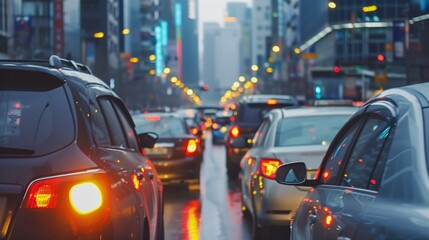 Rear view shows a traffic jam of many cars on a big city road.