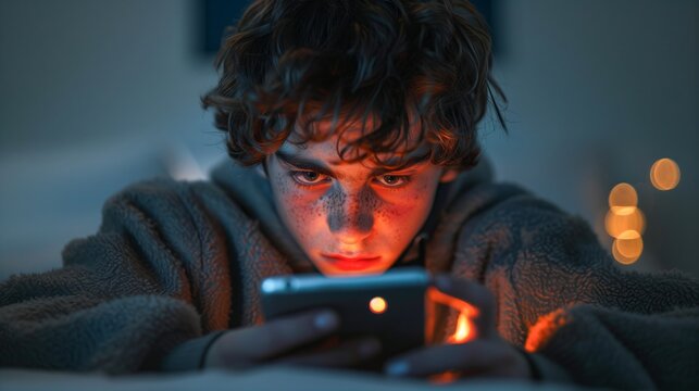 Closeup shot of a teenager scrolling through a mobile phone screen at night in a somber mood.
