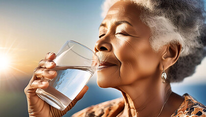 Extreme close-up and side view of an elderly woman drinking a glass of fresh water at sunny hot summer day, concept of correct hydration of the human body in adulthood. Generative Ai.