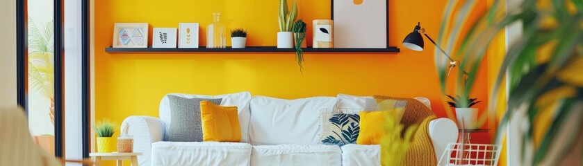 The living room decor is colorful and modern with design boucle sofas, mock up posters, shelves, plants, and decorations.