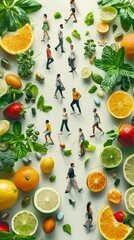 diverse group of people engaging in various healthy activities, with subtle elements like fruits and vegetables to highlight the importance of nutritional supplements in a balanced lifestyle