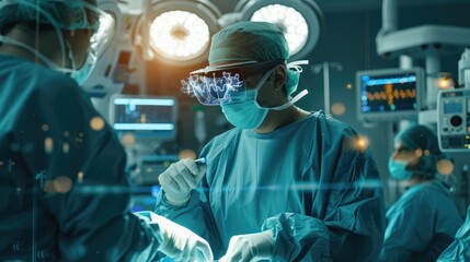 A surgeon, immersed in virtual reality, performs surgery on a patient in an electric blue-lit operating room, blending science, engineering, and the art of fiction. AIG41