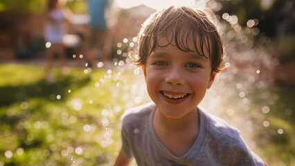 Lachender Junge im Garten spielt mit Wasserspritzern, Familie im unscharfen Hintergrund, Abkühlung und Spaß im Sommer 