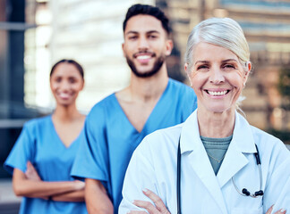 Mature woman, doctor and outdoor portrait of leader, surgeon and confidence in healthcare...