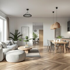 Modern and cozy apartment living space interior design, 3d render