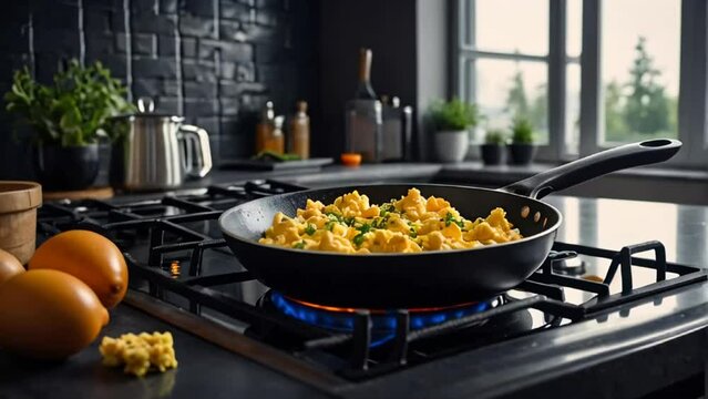 Delicious omelette a frying pan in the kitchen