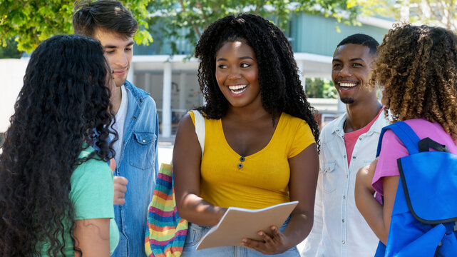 Laughing african american female student talking with group of hispanic and caucasian students