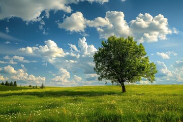 Serene Solitary Tree in Lush Green Meadow Under Blue Sky with Clouds