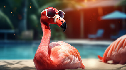 Flamingos wearing sunglasses rests in the pool under palm trees.