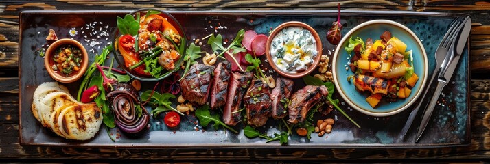 East Europe Dishes Collection, Grilled Lamb Chops, Duck Breast Salad, Fried Eggplants, Cheese Mix
