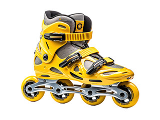 a yellow roller skate with grey wheels