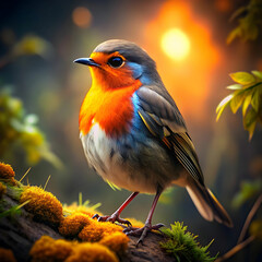Obraz premium Medium shot, Gray and red feathers on a bird, in the style of yellow and orange, moody lighting, best quality, full body portrait, real picture, intricate details, depth of field, in a forest, fujifil