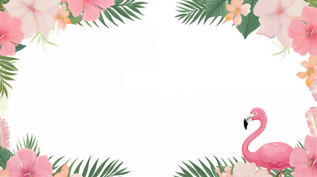 Cute cartoon flamingo frame border on background in vector style.