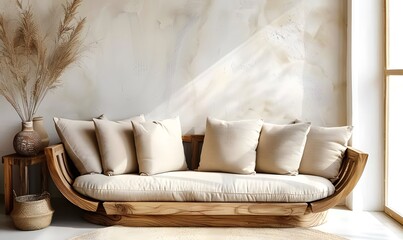 Round wooden sofa with beige pillows against stucco wall with copy space. Farmhouse country boho interior design of modern living room, home.