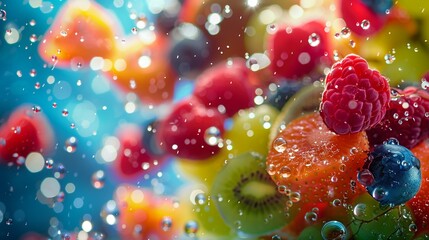 Festive winter scene with colorful jelly beans scattered like shiny ornaments on red background