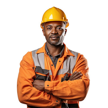 portrait of afro american technical worker arms crossed isolated transparent background