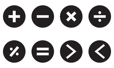 mathematical icon. math calculations addition, division, subtraction, multiplication, plus minus button symbol set. mathematical calculator education vector. Vector pictogram. Math symbols icon set.