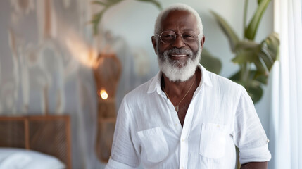 Happy attractive older senior black man, space for copy, positive and friendly