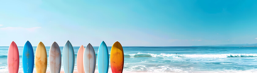 summer surfboard background featuring a variety of colorful surfboards against a blue sky with white clouds