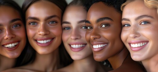 Close up cheerful model looking diverse women with perfect skincare and teeth with toothy smile as inclusion and acceptance concept