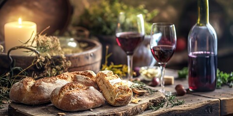 An enticing rustic scene with freshly baked bread, a bottle of red wine, and full wine glasses, suggesting a delicious feast