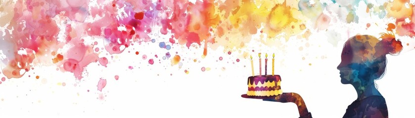 An illustration of a silhouette of a young attractive lady with a happy birthday banner and party cake made out of a composite sketch collage.