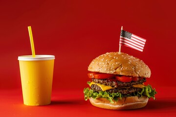 Classic American burger with juneteenth flag on the top and yellow paper cup with straw over red background. Close-up with selective focus with generative ai