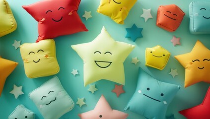 Capture the delightful silliness of customer rating icons engaged in a friendly pillow fight, their exaggerated movements and expressions adding charm against a colorful green surface.