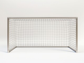 A frontal view of a soccer goal with a white net, standing against a clean white background.