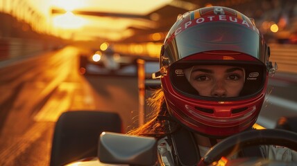 A woman in a racing helmet is driving a race car