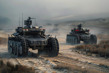 Fototapeta premium digital representations of unmanned ground vehicles, showcasing their role in reconnaissance and patrol missions in high tech style.